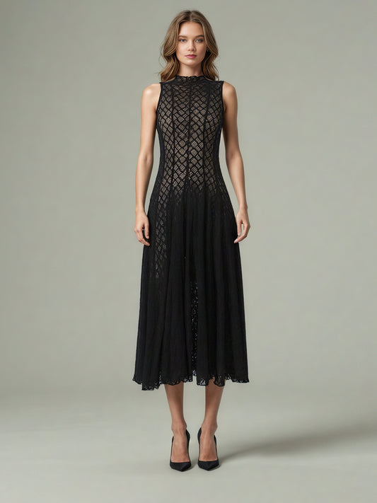 Black Lace Sleeveless Maxi Dress with Mock Neck