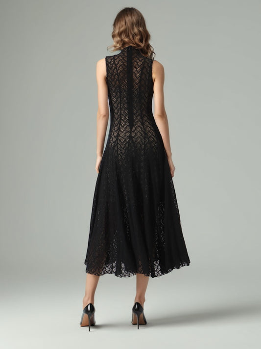 Black Lace Sleeveless Maxi Dress with Mock Neck