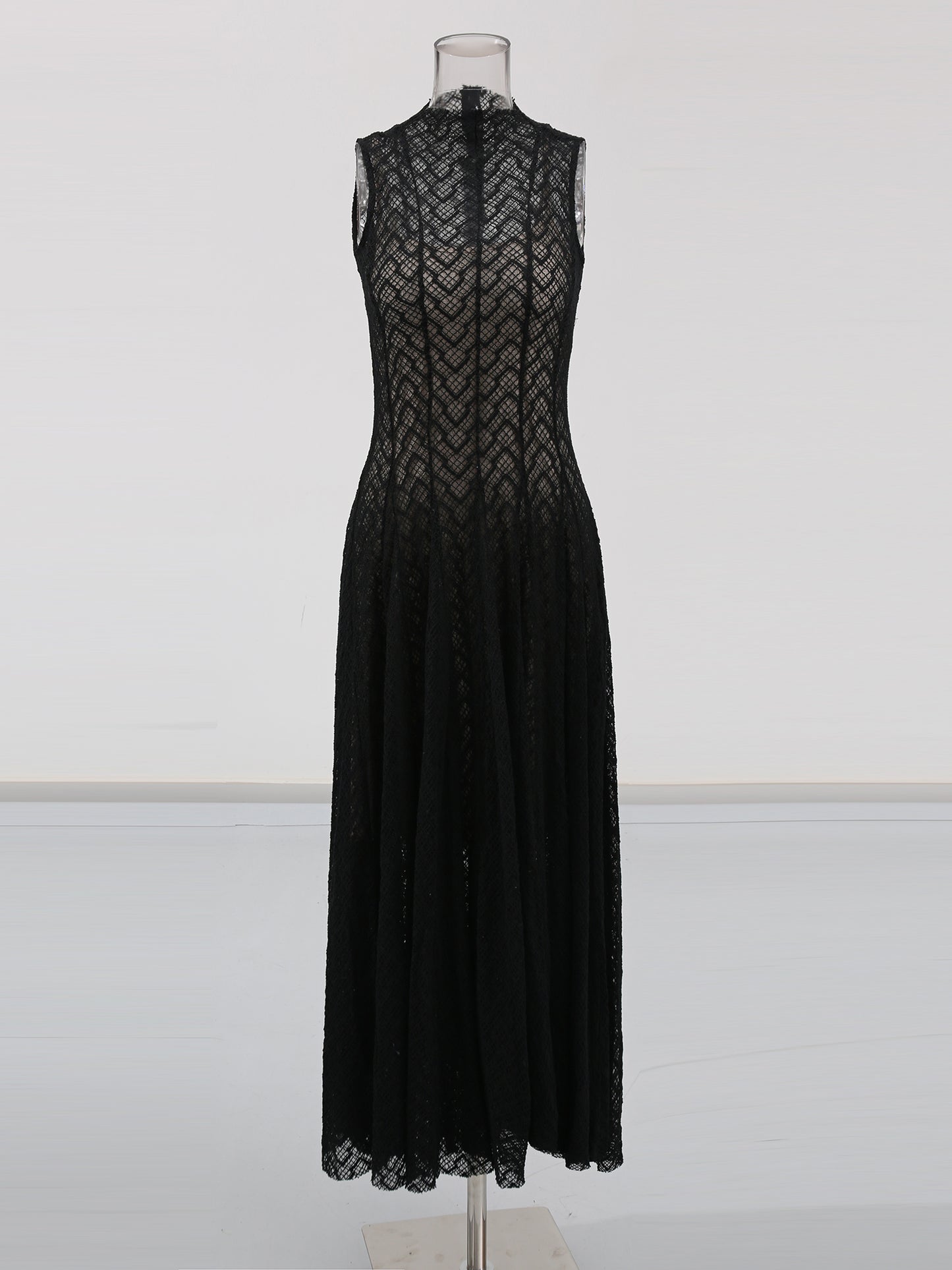 Black Lace Sleeveless Maxi Dress with Mock Neck