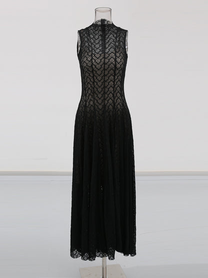 Black Lace Sleeveless Maxi Dress with Mock Neck