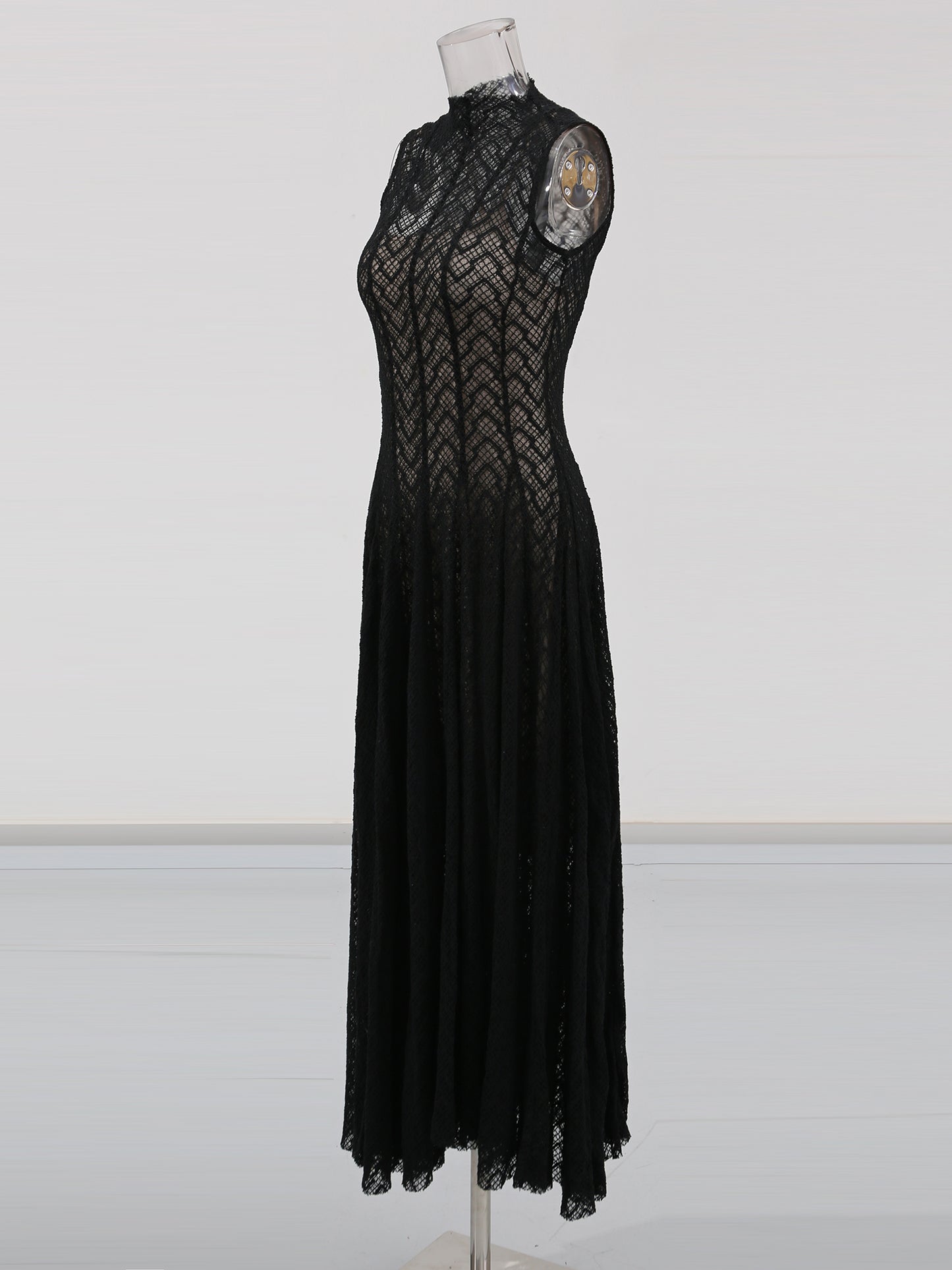 Black Lace Sleeveless Maxi Dress with Mock Neck