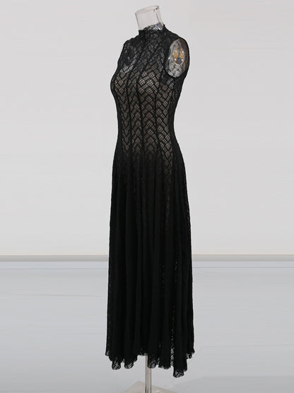 Black Lace Sleeveless Maxi Dress with Mock Neck