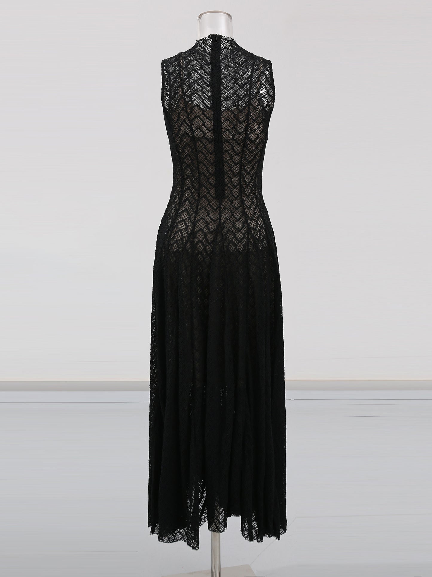 Black Lace Sleeveless Maxi Dress with Mock Neck