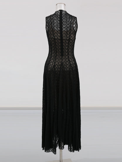 Black Lace Sleeveless Maxi Dress with Mock Neck