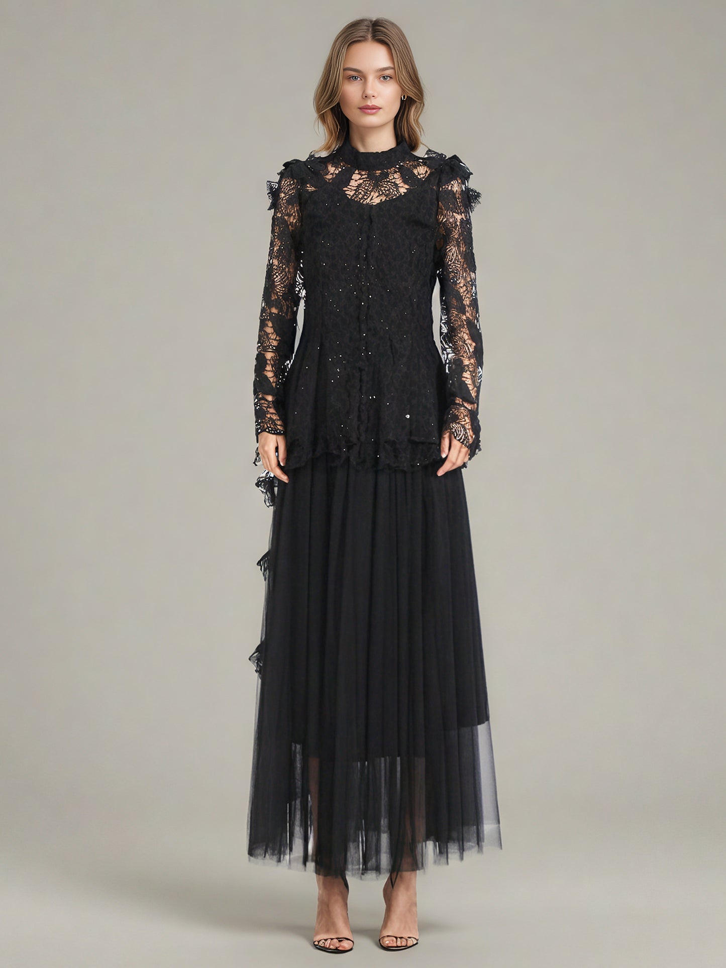 Black Lace Top & Tulle Skirt Two-Piece Set