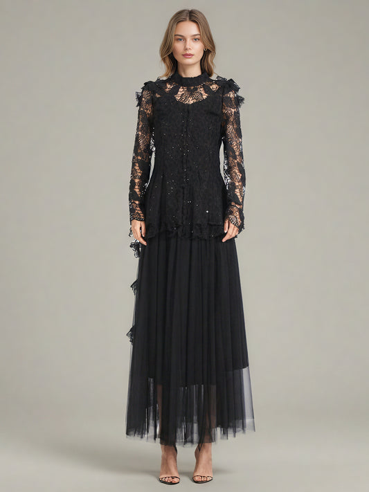 Black Lace Top & Tulle Skirt Two-Piece Set
