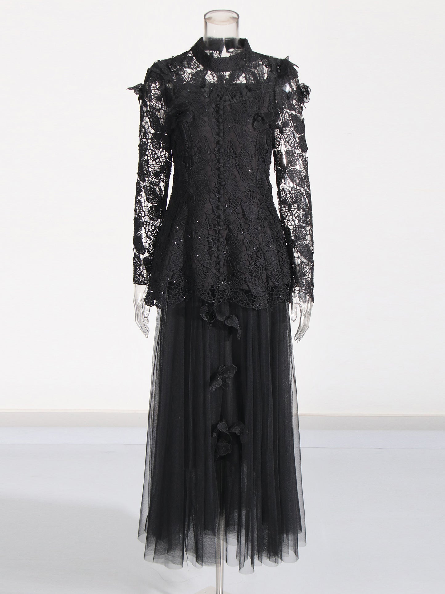 Black Lace Top & Tulle Skirt Two-Piece Set