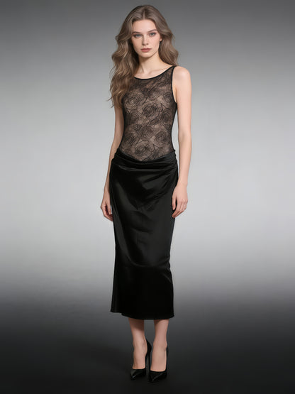 Black Lace & Satin Mermaid Evening Gown