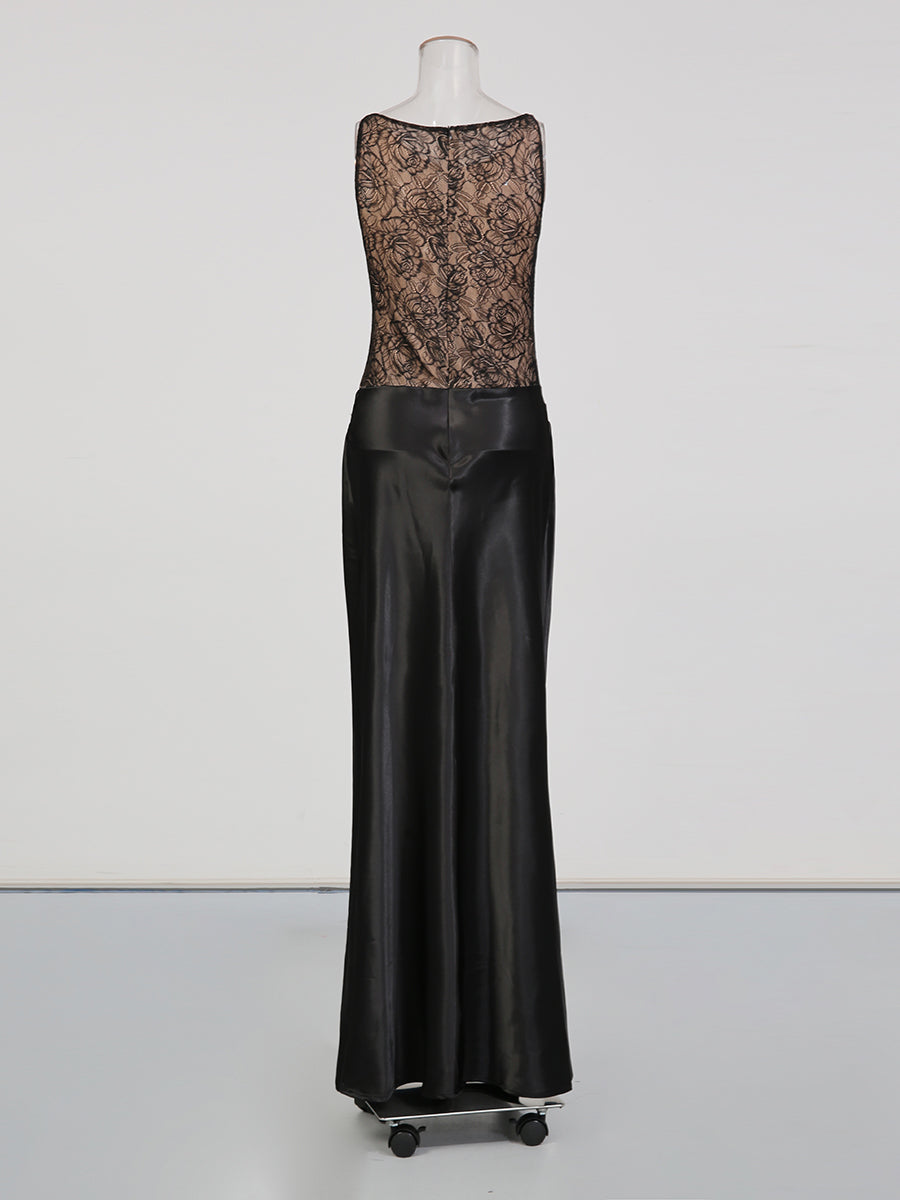 Black Lace & Satin Mermaid Evening Gown