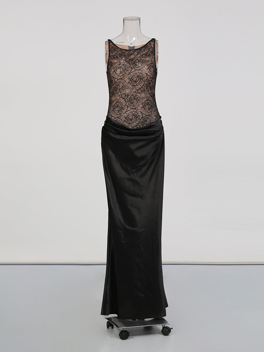 Black Lace & Satin Mermaid Evening Gown