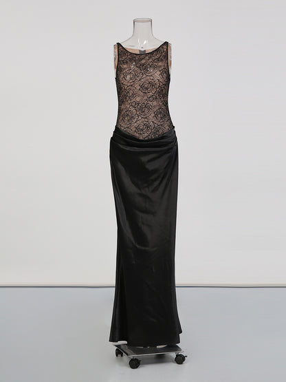 Black Lace & Satin Mermaid Evening Gown