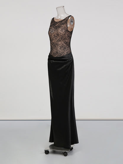 Black Lace & Satin Mermaid Evening Gown