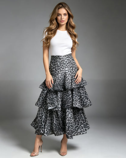 Black Leopard Tiered Ruffle Hem Maxi Skirt