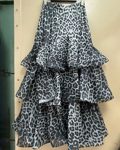 Black Leopard Tiered Ruffle Hem Maxi Skirt