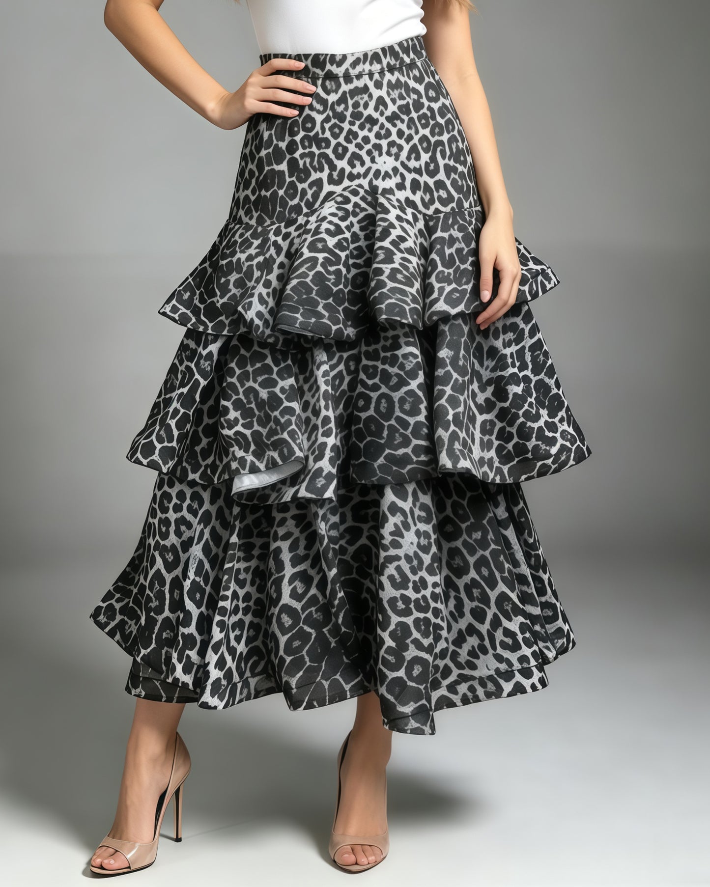 Black Leopard Tiered Ruffle Hem Maxi Skirt