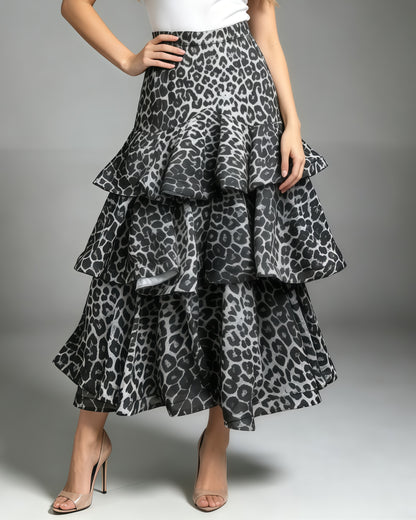 Black Leopard Tiered Ruffle Hem Maxi Skirt