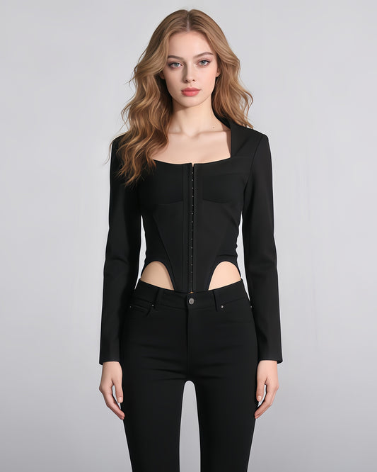 Black Long-Sleeve Corset Top Square Neck