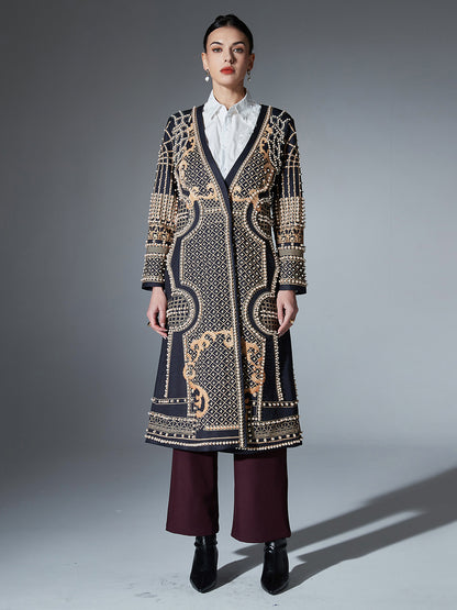 Black Long Coat with Gold Embroidery & Pearl Detailing