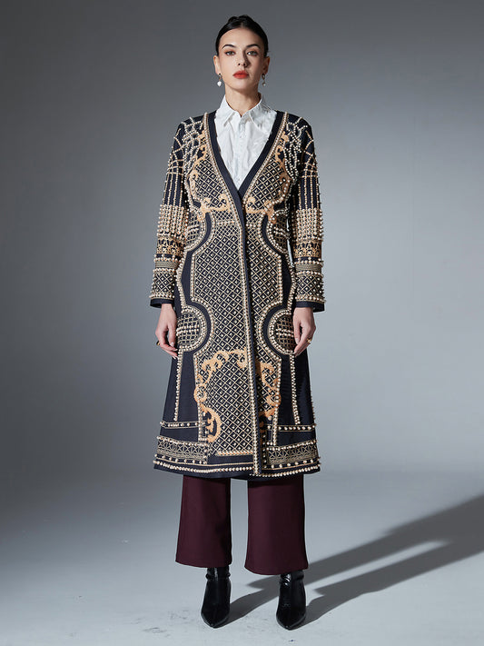 Black Long Coat with Gold Embroidery & Pearl Detailing