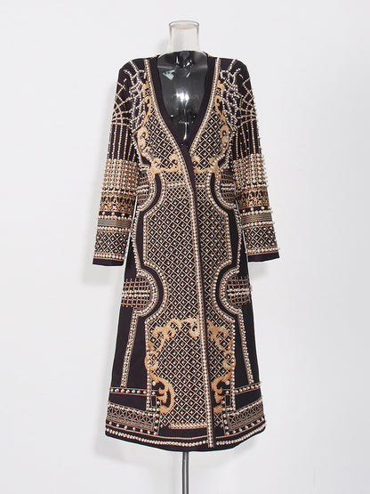 Black Long Coat with Gold Embroidery & Pearl Detailing