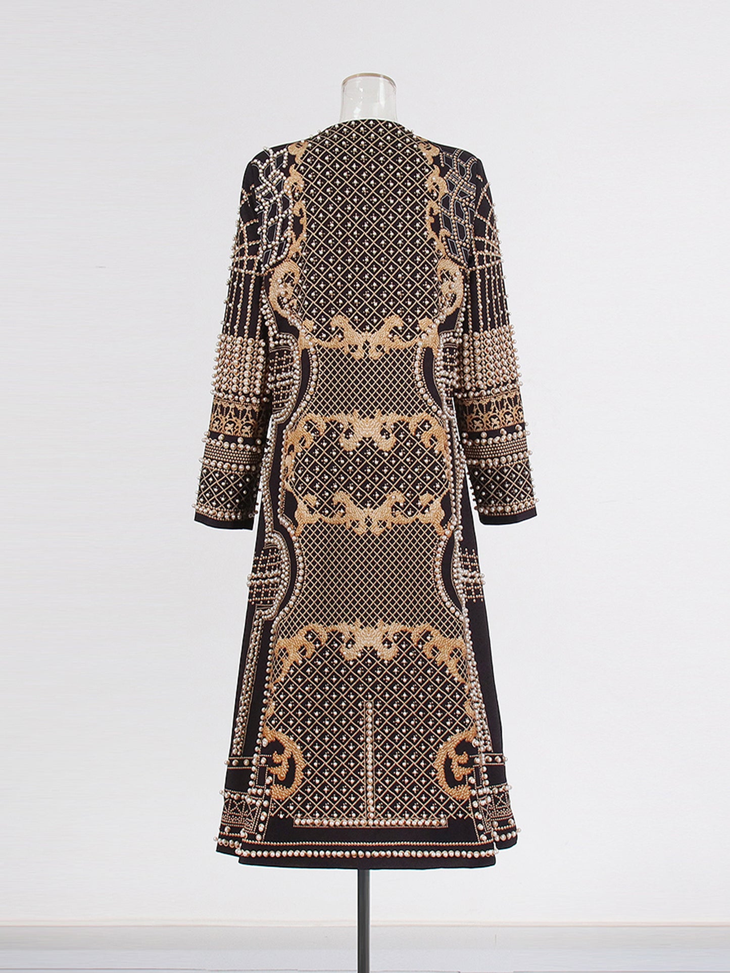 Black Long Coat with Gold Embroidery & Pearl Detailing