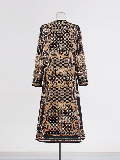 Black Long Coat with Gold Embroidery & Pearl Detailing