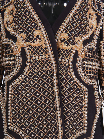 Black Long Coat with Gold Embroidery & Pearl Detailing
