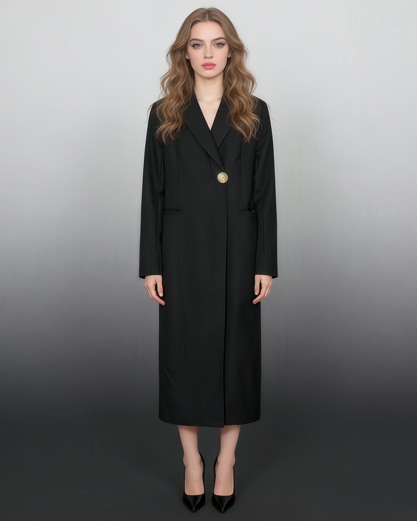 Black Long Jacket with Single Gold Button