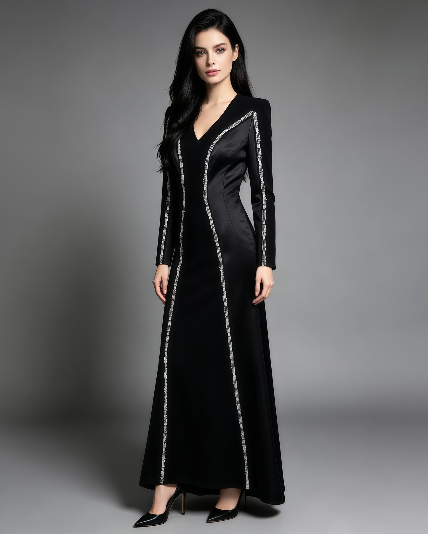 Black Long Sleeve Evening Gown with Rhinestone Trim
