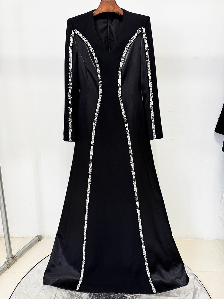 Black Long Sleeve Evening Gown with Rhinestone Trim