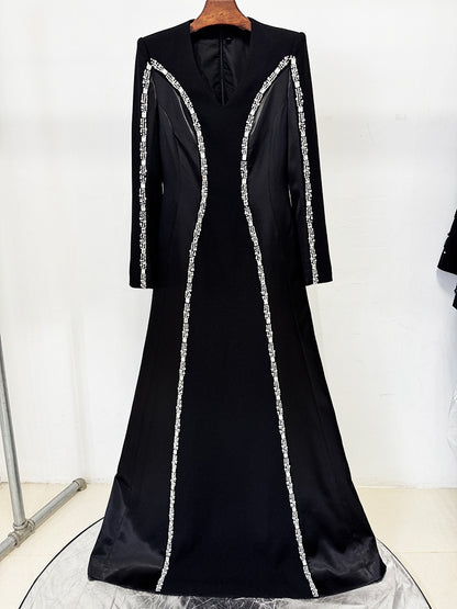 Black Long Sleeve Evening Gown with Rhinestone Trim