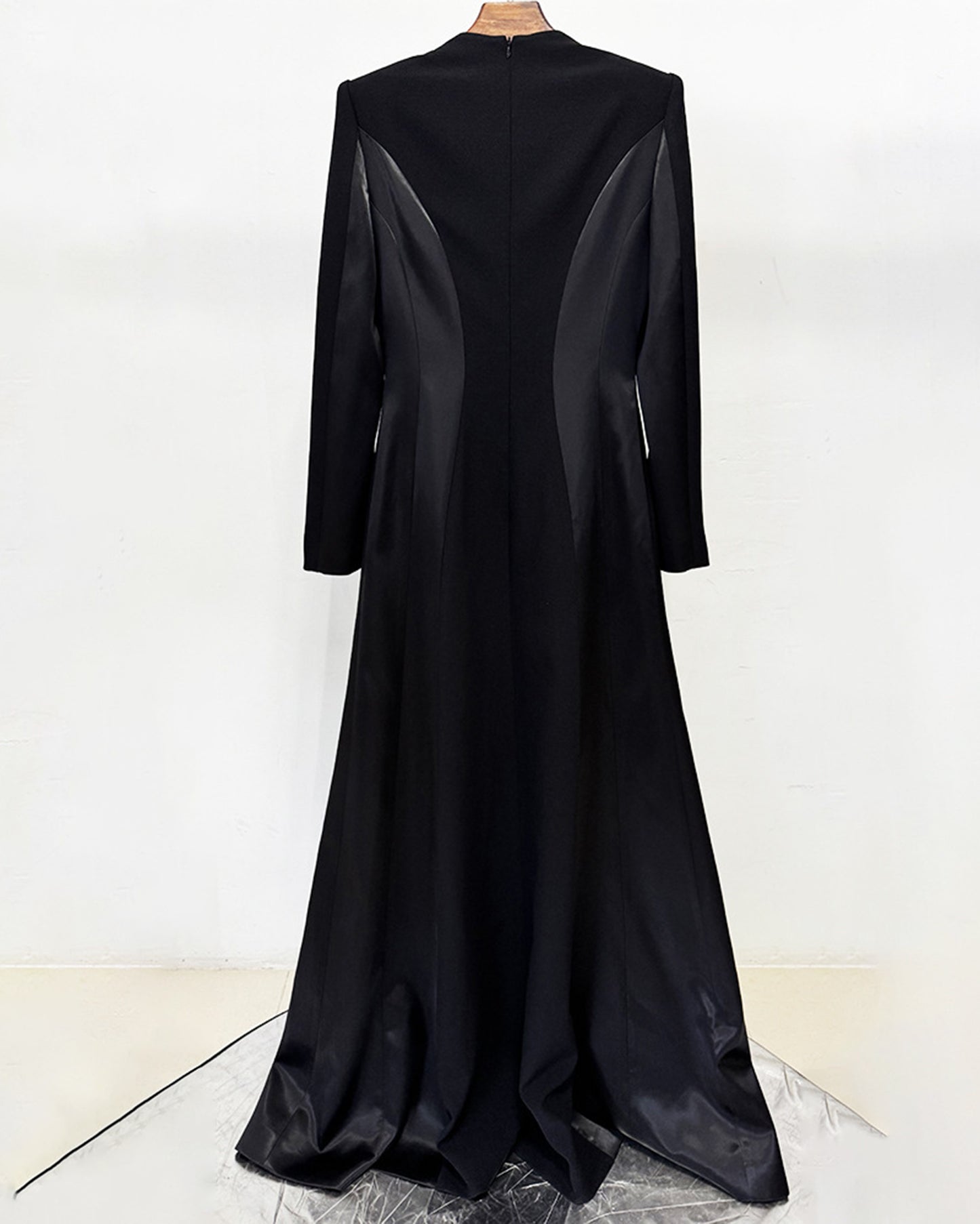 Black Long Sleeve Evening Gown with Rhinestone Trim