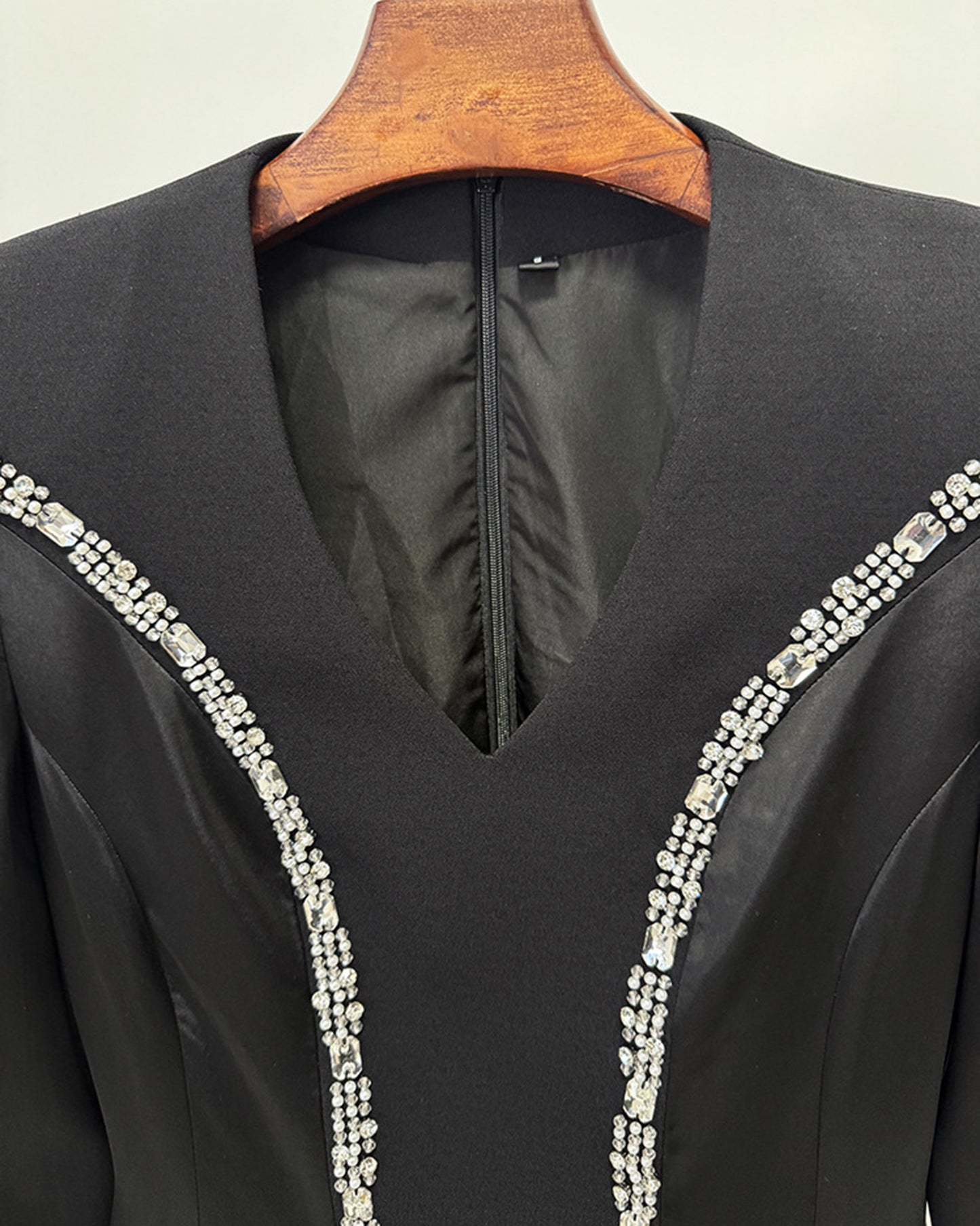 Black Long Sleeve Evening Gown with Rhinestone Trim