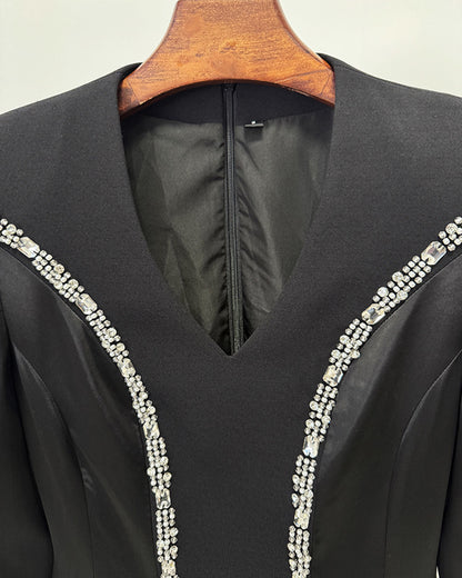 Black Long Sleeve Evening Gown with Rhinestone Trim