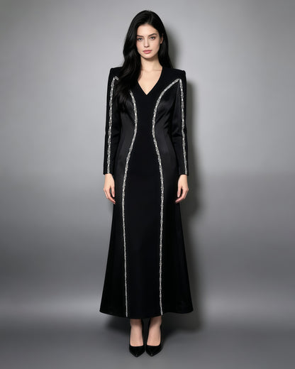 Black Long Sleeve Evening Gown with Rhinestone Trim