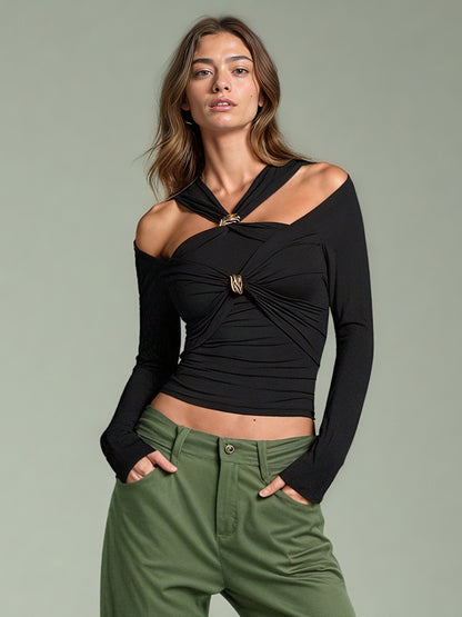 Black Long Sleeve Top with Gold Ring & Cutout Detail