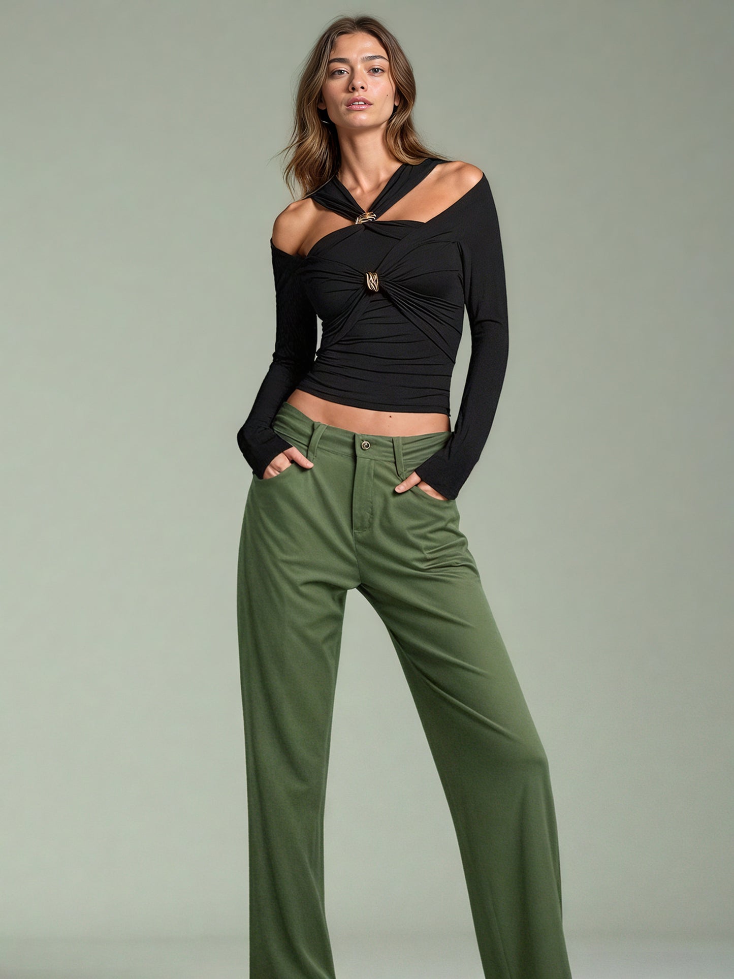 Black Long Sleeve Top with Gold Ring & Cutout Detail