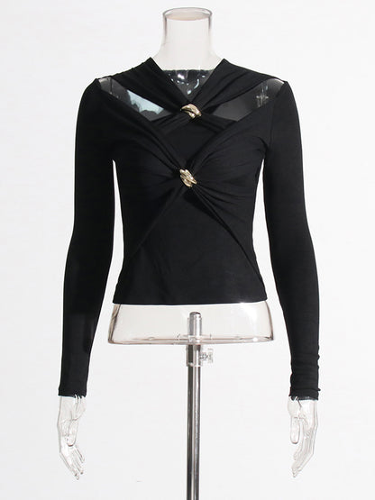 Black Long Sleeve Top with Gold Ring & Cutout Detail