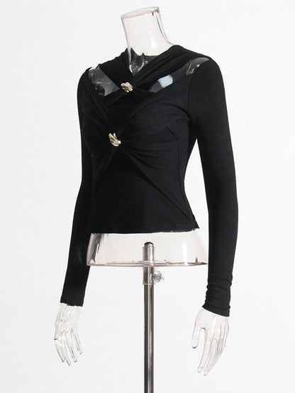 Black Long Sleeve Top with Gold Ring & Cutout Detail
