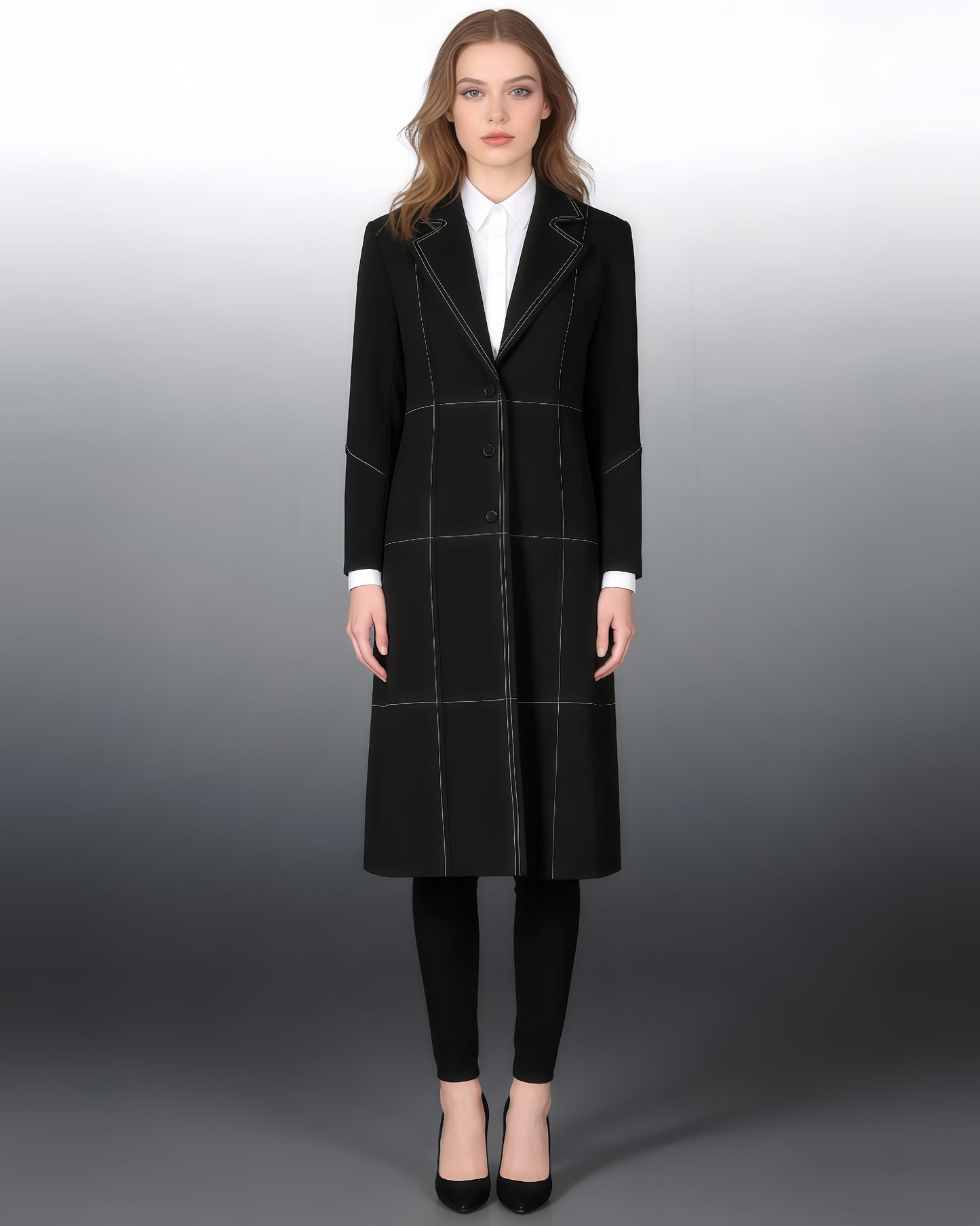 Black Longline Coat with White Contrast Stitching