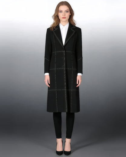 Black Longline Coat with White Contrast Stitching