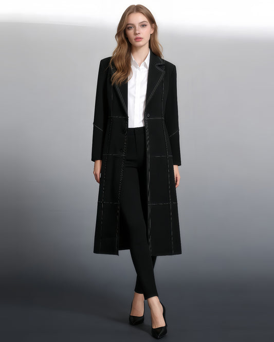 Black Longline Coat with White Contrast Stitching