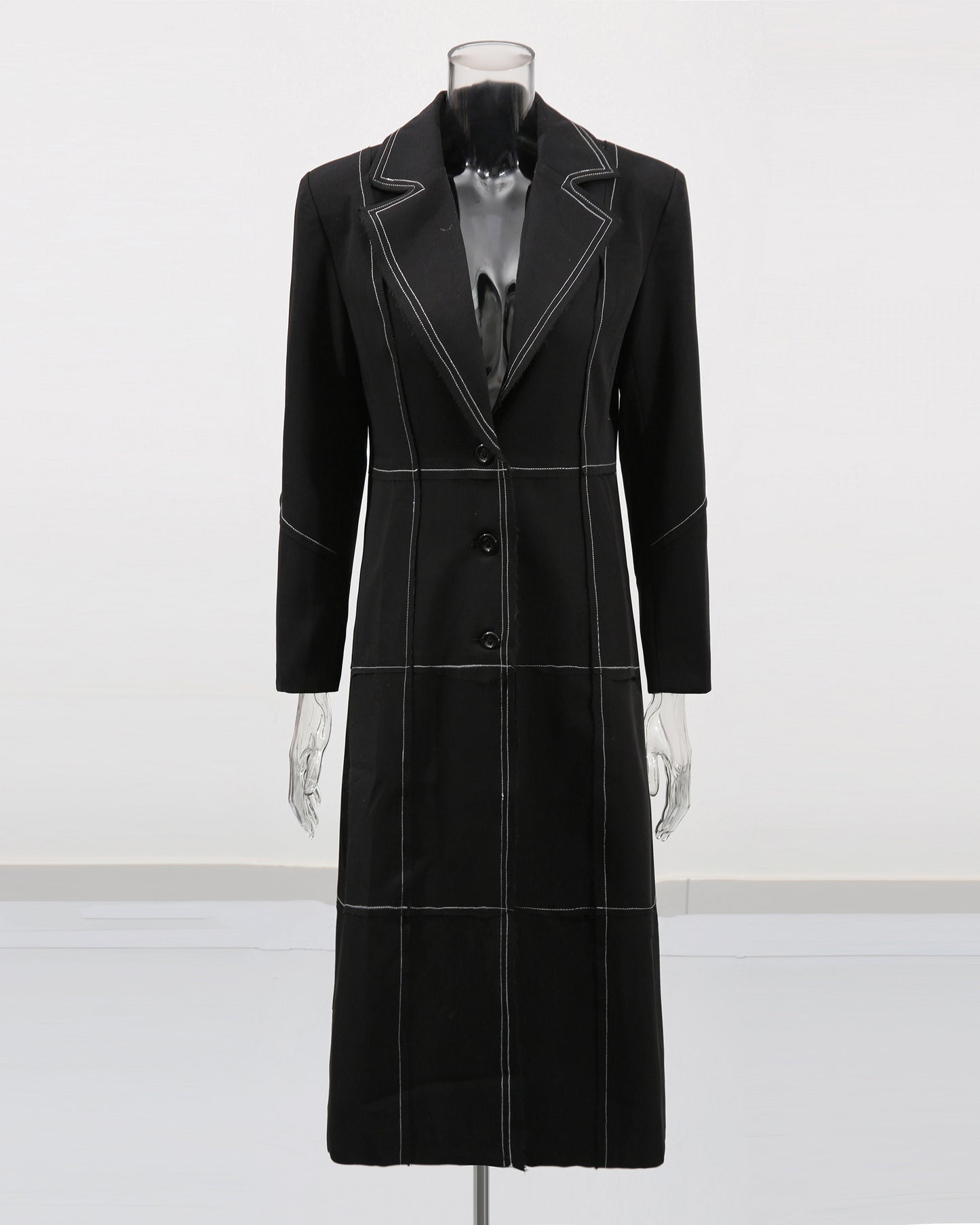 Black Longline Coat with White Contrast Stitching