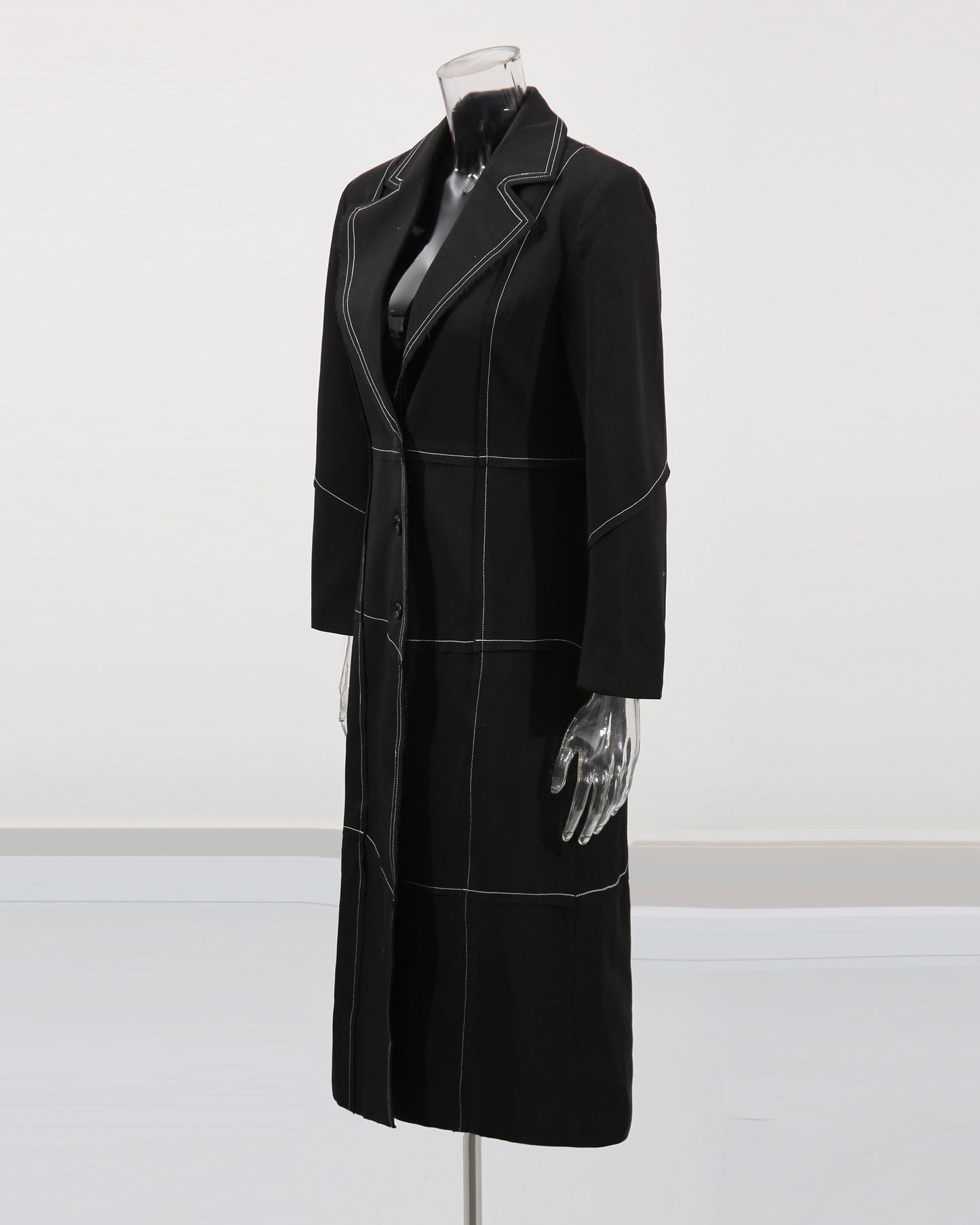 Black Longline Coat with White Contrast Stitching
