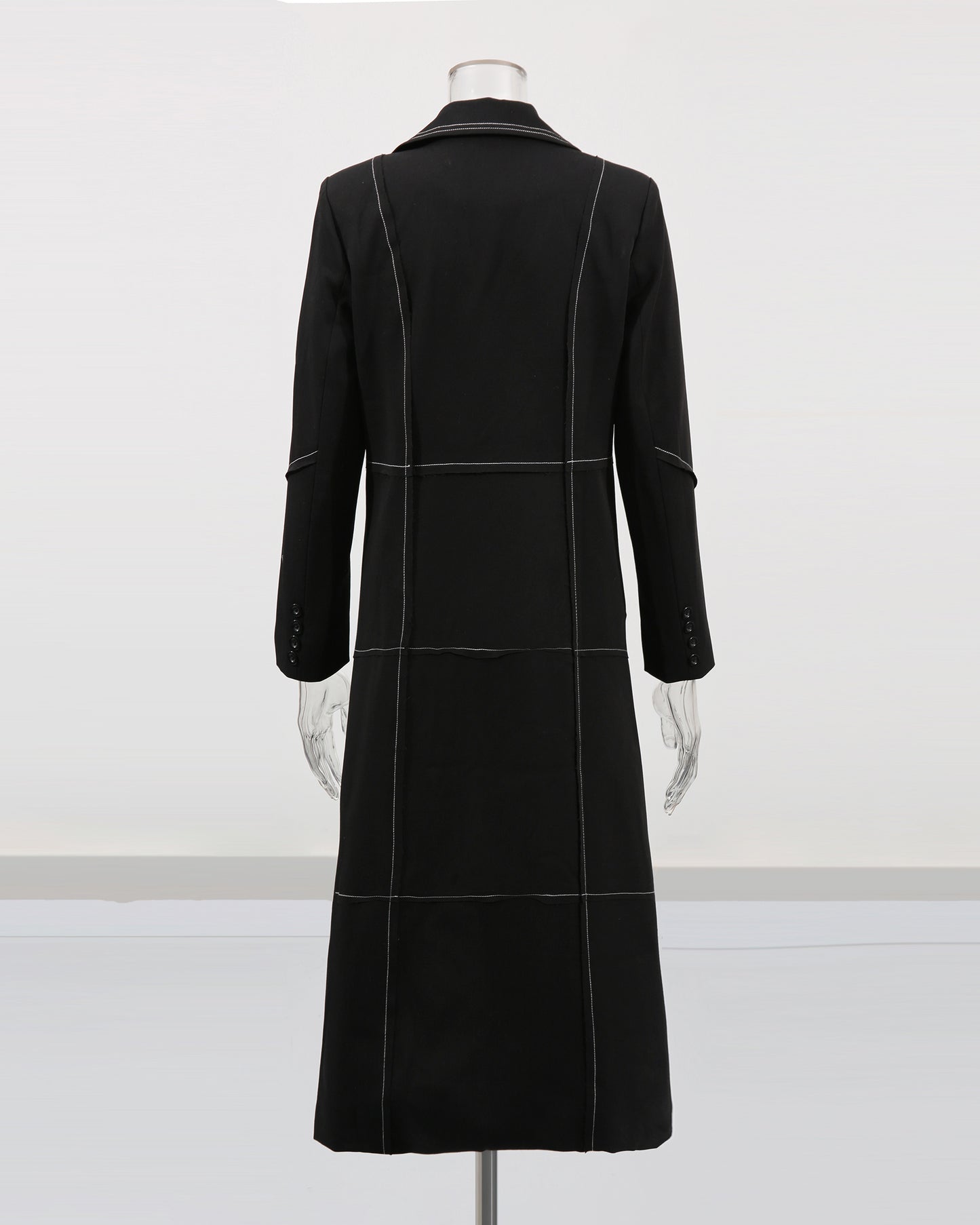 Black Longline Coat with White Contrast Stitching