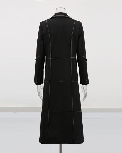Black Longline Coat with White Contrast Stitching