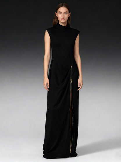 Black Maxi Dress with Gold Zipper & High Neck Detail