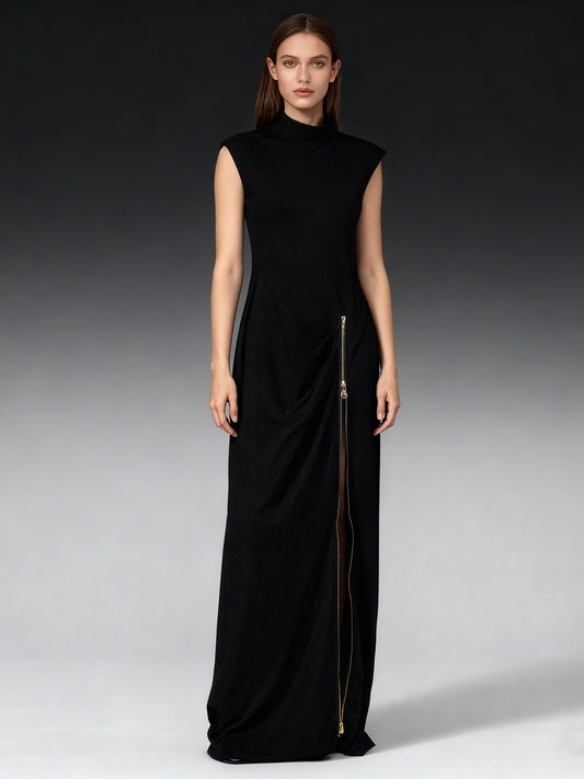 Black Maxi Dress with Gold Zipper & High Neck Detail
