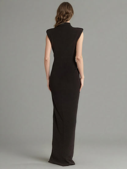 Black Maxi Dress with Gold Zipper & High Neck Detail