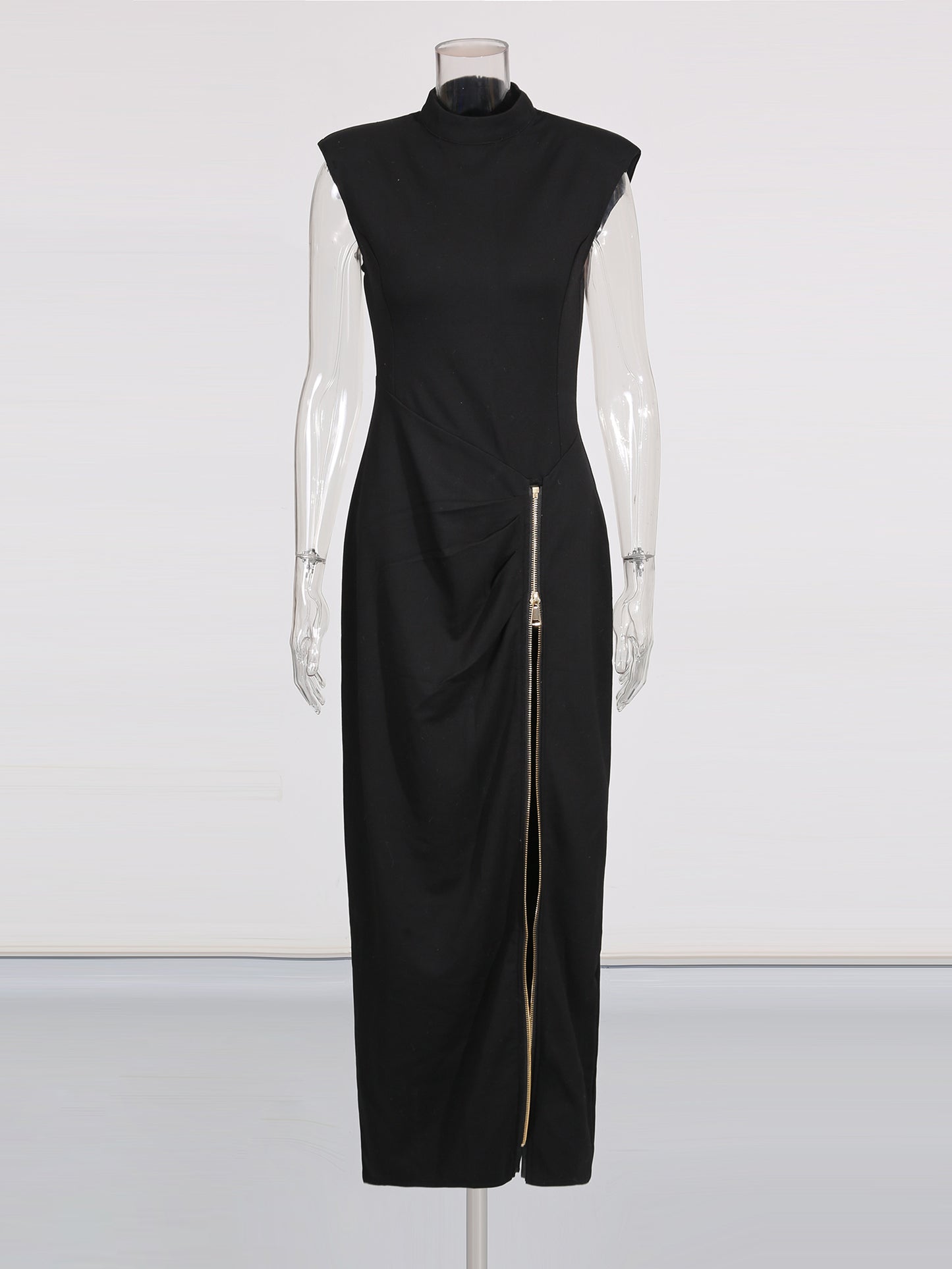 Black Maxi Dress with Gold Zipper & High Neck Detail